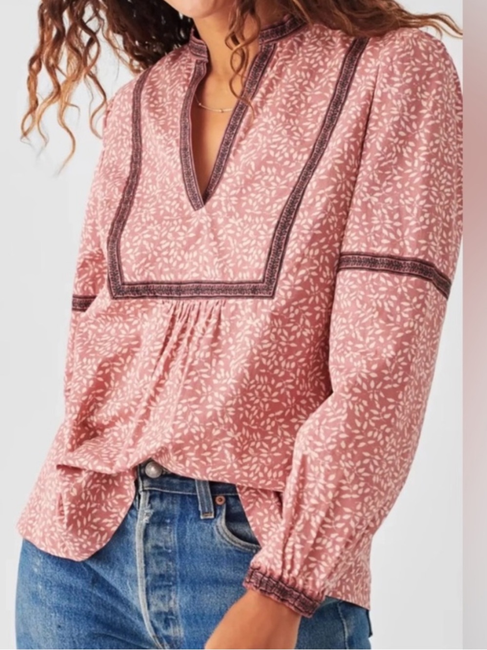 Faherty Aurora Leaf Blouse Women M Pink V Neck Long Sleeve Boho Peasant Tunic
